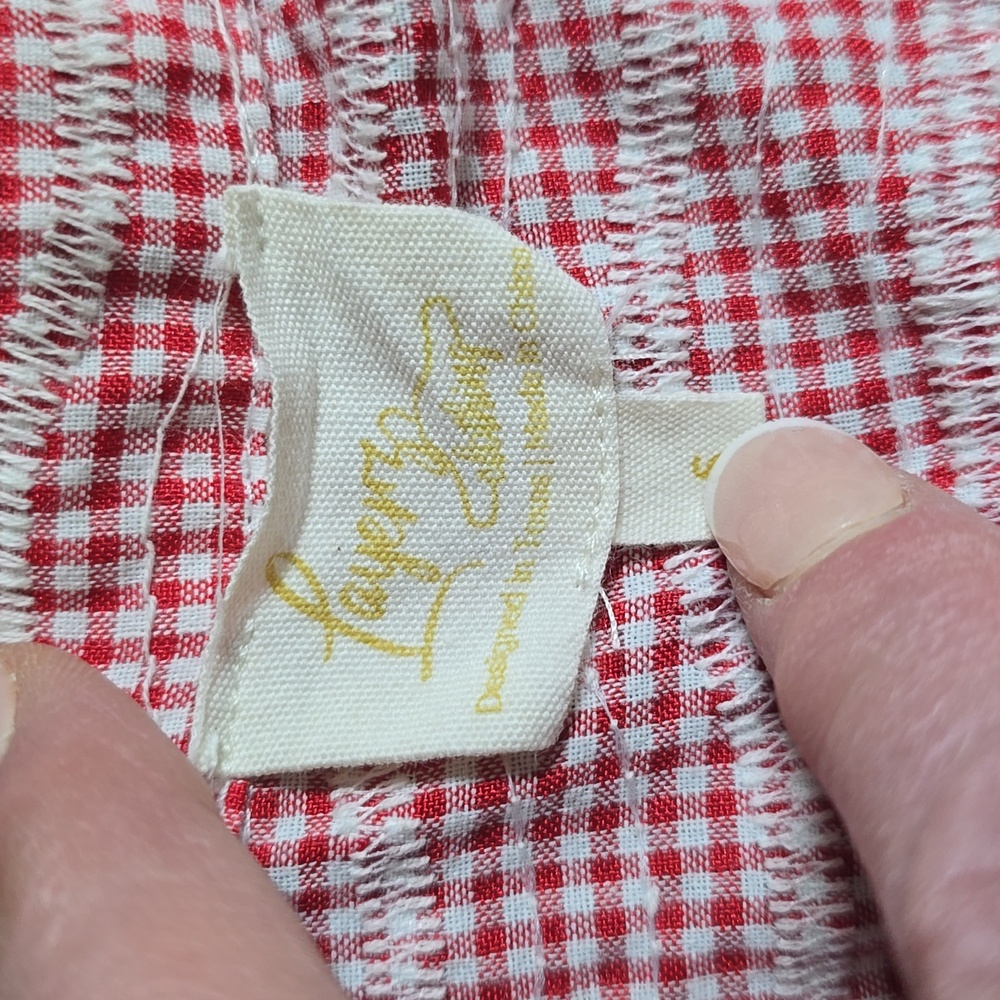 LAYERZ Red and White Gingham V Neck Checkered Top Sz S Pom Pom Detail - Picture 2 of 5